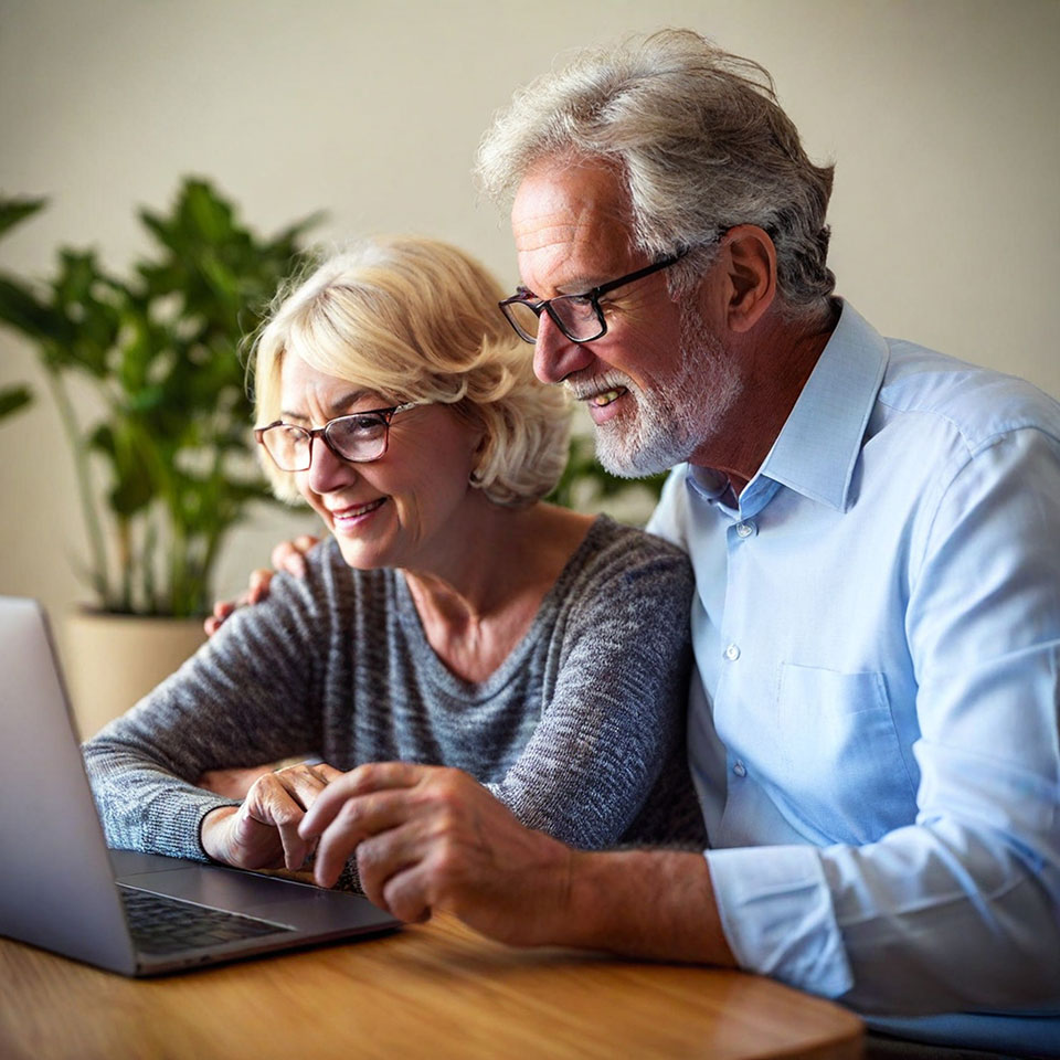 An older couple looking at their laptop computer